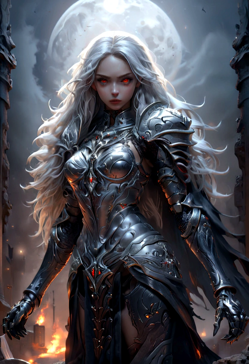 Full body pictures,((masterpiece)), (best quality),(Movie),(Highly accurate drawing)(Extremely precise expression)(Full body pictures) Awesome night scenery with full moon,1 Girl,fit,Small Breasts,Long legs,Athletic buttocks, Red Eyes, Pale grey skin, we capture a standing stunning tall young vampire girl with mindblowing face that takes a nice pose and showing her fangs keeping her fine crafted straight-sword in front of her krypta surrounded wearing a beautifully crafted black with silver ornaments meager and form fitting plate armor with some lace covered skin , Very long silver hair, Buckled over-the-knee high-heeled boots. (masterpiece), (best quality), (Extremely detailed), (Absurd), (high resolution), (Official Art:1.4), (illustration:1.4), (Clear images:1.2),(delicate illustration: 1.2), 8K ,(Delicate face:1.3), (Bright spots in the eyes:1.3), (Detailed silver long hair:1.3), (Delicate skin:1.3), , Perfectly drawn lines. detailliertes Full body pictures, Systemic manifestations, Head, hands and feet in the picture, 