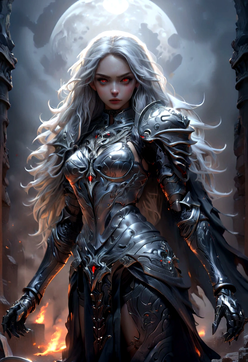 Full body pictures,((masterpiece)), (best quality),(Movie),(Highly accurate drawing)(Extremely precise expression)(Full body pictures) Awesome night scenery with full moon,1 Girl,fit,Small Breasts,Long legs,Athletic buttocks, Red Eyes, Pale grey skin, we capture a standing stunning tall young vampire girl with mindblowing face that takes a nice pose and showing her fangs keeping her fine crafted straight-sword in front of her krypta surrounded wearing a beautifully crafted black with silver ornaments meager and form fitting plate armor with some lace covered skin , Very long silver hair, Buckled over-the-knee high-heeled boots. (masterpiece), (best quality), (Extremely detailed), (Absurd), (high resolution), (Official Art:1.4), (illustration:1.4), (Clear images:1.2),(delicate illustration: 1.2), 8K ,(Delicate face:1.3), (Bright spots in the eyes:1.3), (Detailed silver long hair:1.3), (Delicate skin:1.3), , Perfectly drawn lines. detailliertes Full body pictures, Systemic manifestations, Head, hands and feet in the picture, 