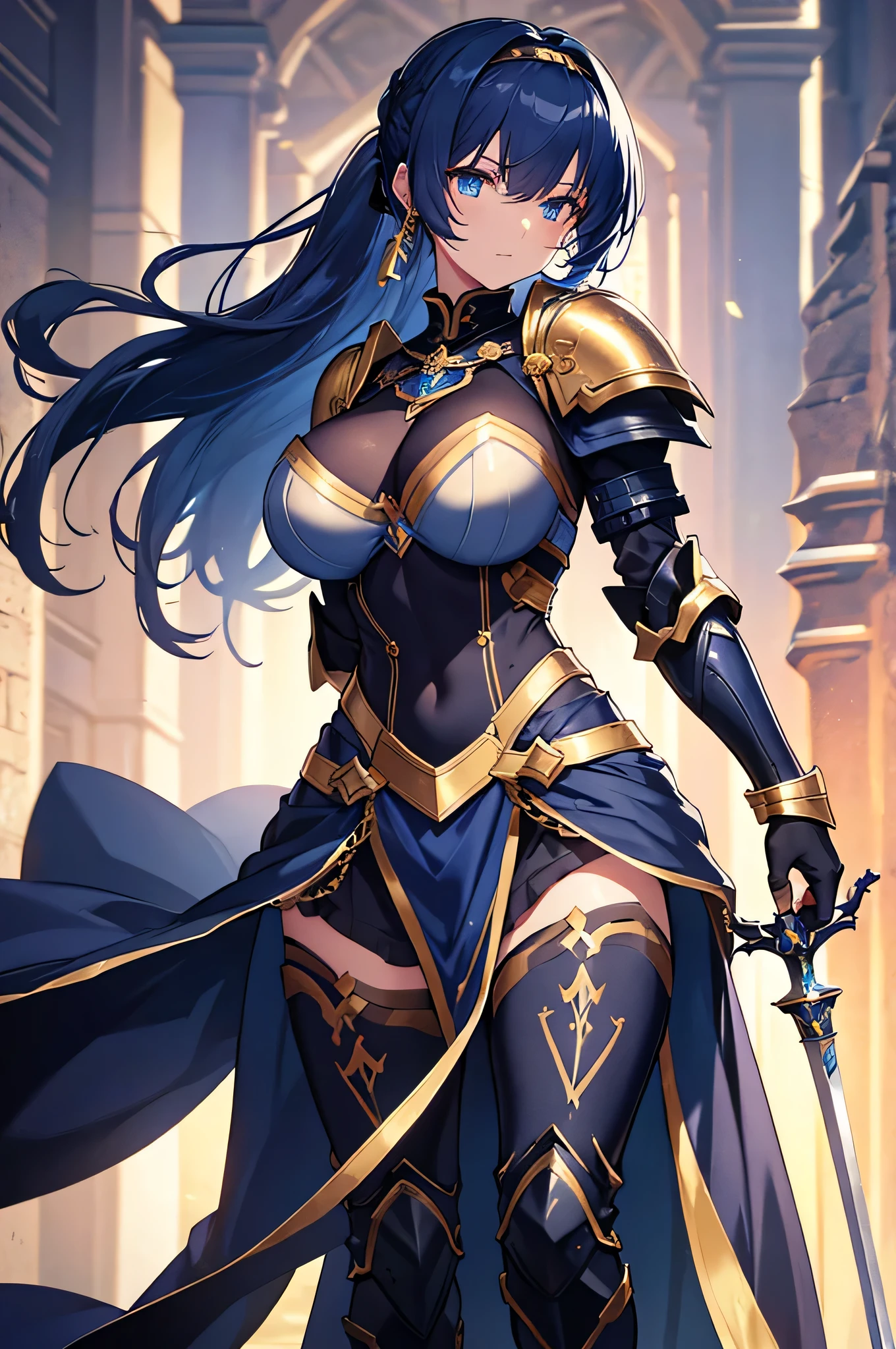 4K,High resolution,One Woman,Dark Blue Hair,Long Ponytail,Blue Eyes,Big Breasts,knight,Golden Armor,Heavy Armor,Full Armor,Black tights,hair band,Jewelry decoration,Golden Long Sword,Medieval castle