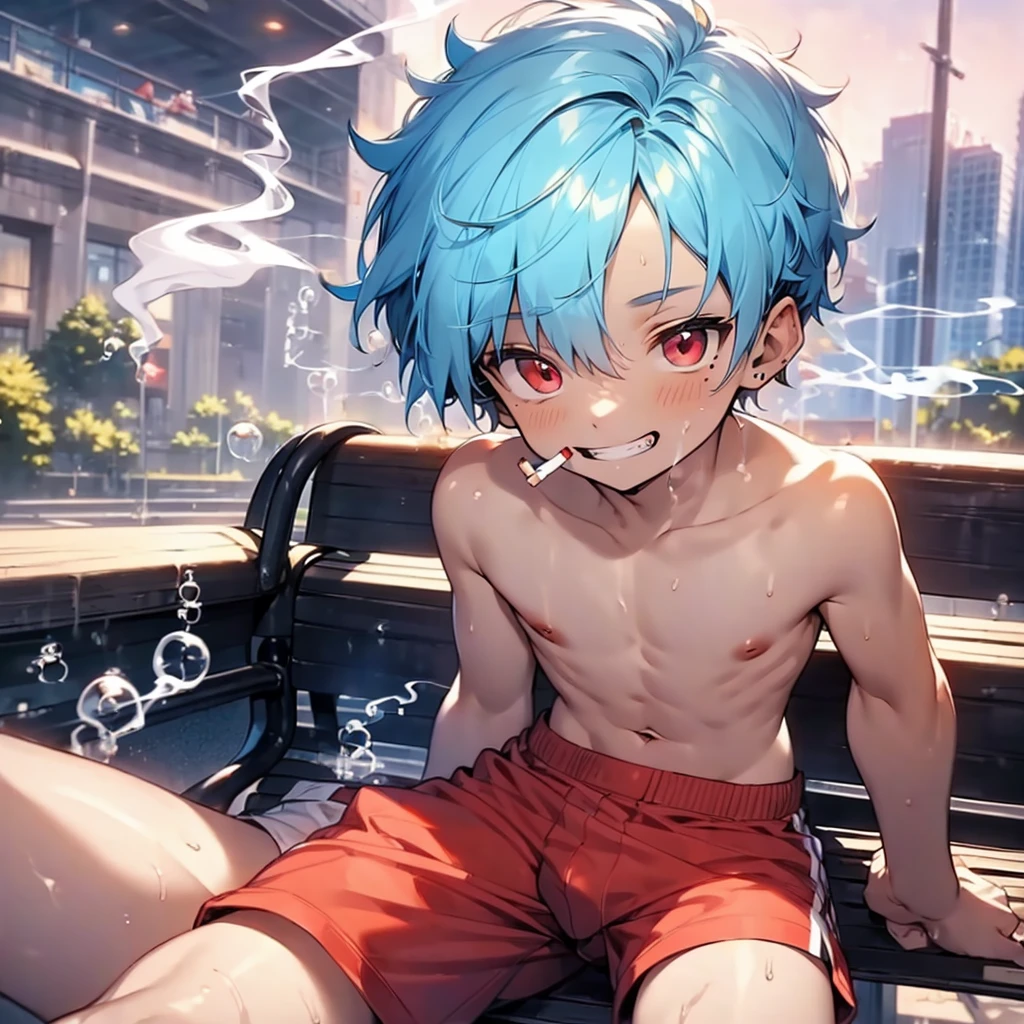 (solo:2), (boldline:-1.8), (smoking:1.6), (((bubble))), (sitting on bench:1.5), (spread legs:1.5), (((fang))), (((best finger))), BREAK (best quality:1.5), (absolutely resolution:1.5), (ultra detailed:1.5), (masterpiece:1.5), (perfect face), (detailed face), (detailed eyes), (best eyes), (cute face), (shota:2), BREAK (topless:1.5), BREAK (red short pants:1.5), (see throgh wet clothes:1.2), (bulge:1.6), (skinny:1.3), (spiked hair), BREAK (light blue hair:1.5), (wine red eyes:1.4), (eyes with highlight:1.6), ((mole under eye)), (sweaty skin), (light skin), (grin:1.5), ((earrings)), (shiny skin:1.3), BREAK (garden), (building:1.5), (at twilight:1.5), ((wind blowing)), ((nipple)), (abs), (groin),