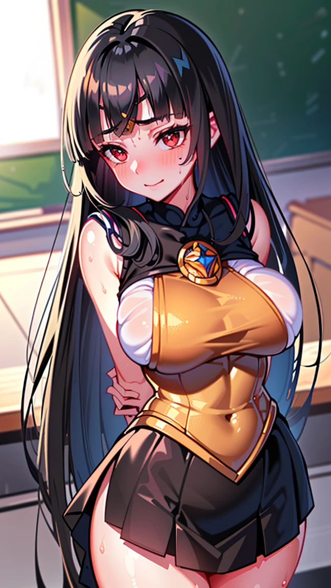 high resolution, extremely detailed CG, unity 8k wallpaper, super detailed skin, perfect anatomy, detailed, cinematic lighting, dynamic lighting, beautiful detailed eyes, 1 girl,(young girl, girl:1.8), (blunt bangs, long black hair:1.8),(red eyes:1.2),alone,smile,Open your mouth, (sailormoon, sailor senshi uniform:1.2), (Esbian all over:1.2), (Huge breasts:1.2), (sweat skin, gleaming skin:1.5), (arms behind back:1.6), (classroom:1.5), (breathless, trembling:1.5), (breast focus:1.8)