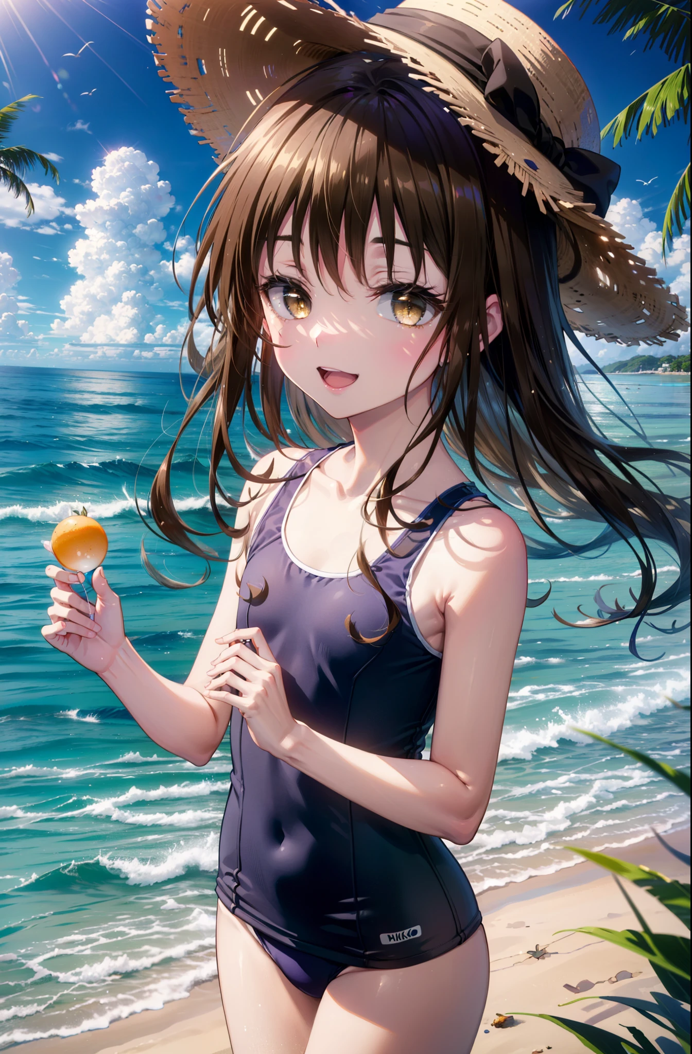 Follow Us, Yuki mandarin orange, (Brown eyes:1.5), Brown Hair, hair ornaments, hair scrunchie, Long Hair, (Flat Chest:1.2),happy smile, smile, Open your mouth,
Open your mouth,School Swimsuit,Straw hat,Holding a balloon in both hands,True Summer,Palm tree,Are standing　　　　　　　　　　　　　　　　　break looking at viewer, whole body, 　　　　　　　　break outdoors, Sandy Beach,Beach,　　　　　　　　　　 break (masterpiece:1.2), Highest quality, High resolution, unity 8k wallpaper, (shape:0.8), (Beautiful and beautiful eyes:1.6), Highly detailed face, Perfect lighting, Extremely detailed CG, (Perfect hands, Perfect Anatomy),