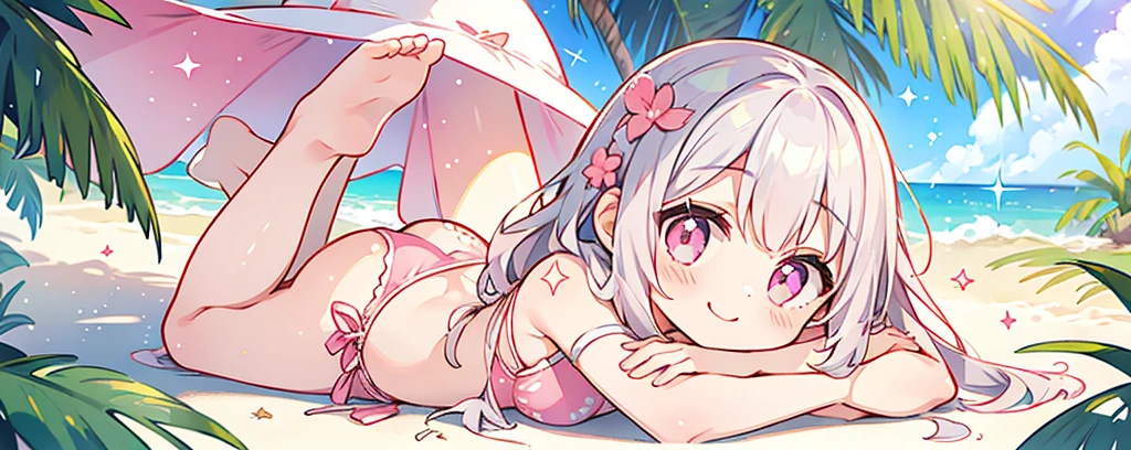summer、1 girl、Silver fur、((Pink sparkly eyes))、A sloppy smile、Open your mouth、Swimwear、Lie down