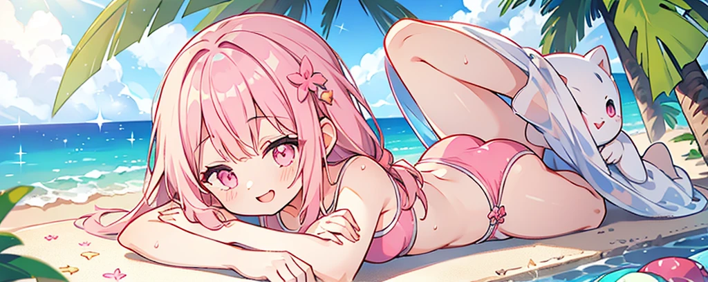 summer、1 girl、Silver fur、((Pink sparkly eyes))、A sloppy smile、Open your mouth、Swimwear、Lie down