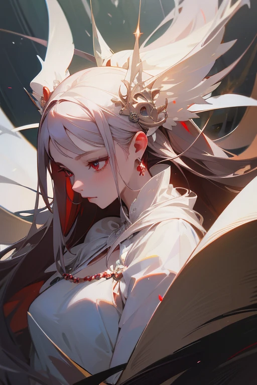 (Highest quality, masterpiece:1.2), High resolution, Very detailed, Realistic:1.37, Fantasy, An illustration, Red eyes, Queen, White Dress.