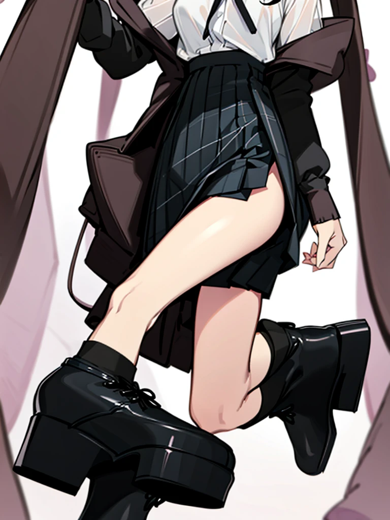 ピクシーカット、Slender beautiful girl、10th Generation、see-through shirt、off shoulder、high west simple skirt、 Black knee socks、Platform boots、shibuya、