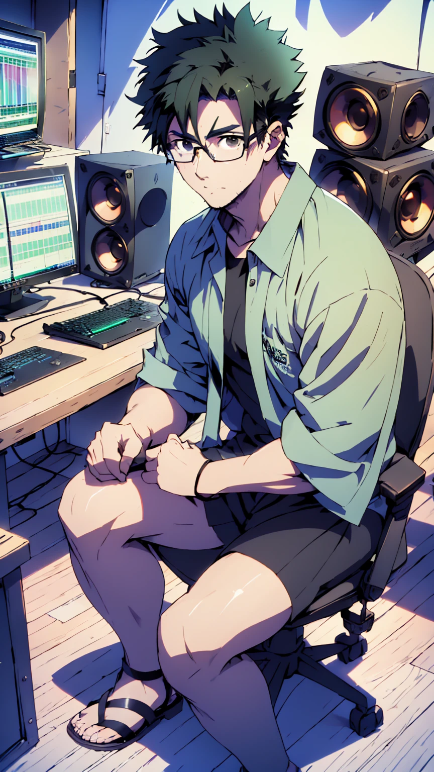 ((Highest quality)), ((masterpiece)), (detailed), Highest quality、High resolution、８K、Wearing a green shirt、Wearing black sandals、With two accurate hands５Finger、One adult male、33 years old、Dark Eyes、Black Hair、Japanese anime-like style、超High resolutionかわいい萌えアニメ8k、handsome face manly、Fake Hawk、 Slender and muscular、Glasses、Sitting in front of a computer in a music studio room analyzing a DAW