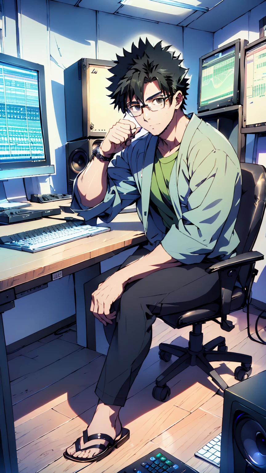 ((Highest quality)), ((masterpiece)), (detailed), Highest quality、High resolution、８K、Wearing a green shirt、Wearing black sandals、With two accurate hands５Finger、One adult male、33 years old、Dark Eyes、Black Hair、Japanese anime-like style、超High resolutionかわいい萌えアニメ8k、handsome face manly、Fake Hawk、 Slender and muscular、Glasses、Sitting in front of a computer in a music studio room analyzing a DAW