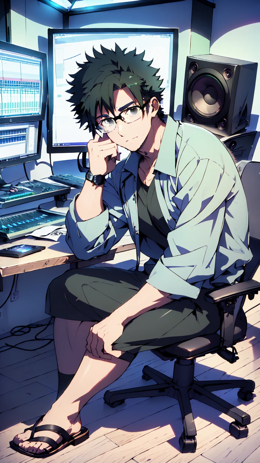 ((Highest quality)), ((masterpiece)), (detailed), Highest quality、High resolution、8K、Wearing a green shirt、Wearing black sandals、With two accurate hands5Finger、One adult male、33 years old、Dark Eyes、Black Hair、Japanese anime-like style、超High resolutionかわいい萌えアニメ8k、handsome face manly、Fake Hawk、 Slender and muscular、Glasses、Sitting in front of a computer in a music studio room analyzing a DAW
