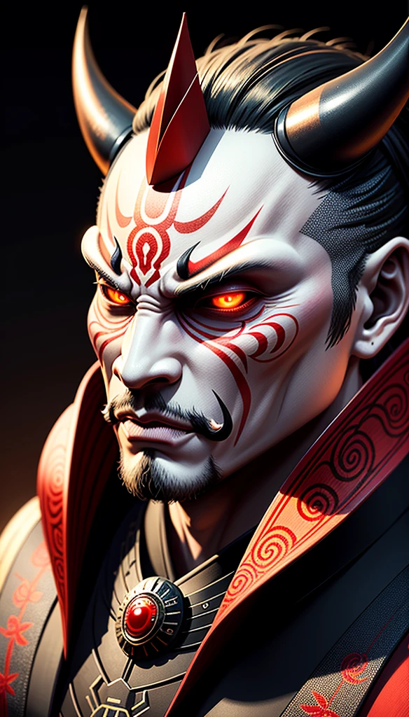 a detailed hannya mask in the style of a japanese samurai, intricate japanese etching, dramatic lighting, 8k, high resolution, masterpiece, ultra-realistic, highly detailed samurai hannya mask, demonic japanese mask, intense glowing eyes, dramatic shadows, exquisite craftsmanship, traditional japanese art, elegant japanese design, moody lighting