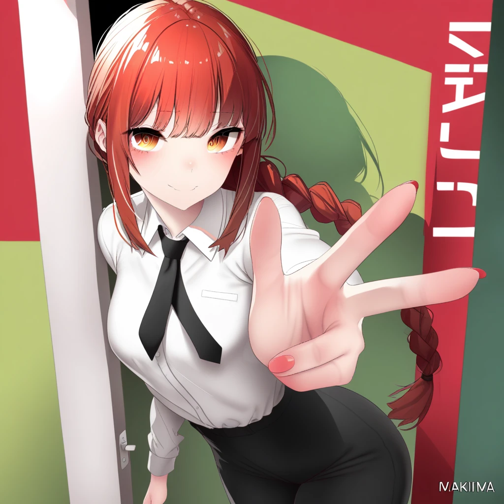 1girl, gweda, absurdres, official art, absurdres, chainsaw man, makima \(chainsaw man\), 1girl, artist name, black necktie, black pants, braid, braided ponytail, breasts, closed mouth, collared shirt, copyright name, cover, cover page, dress pants, formal, green background, hand gesture, high-waist pants, long hair, long sleeves, looking at viewer, manga cover, medium breasts, multicolored background, nail, necktie, open door, pants, pointing, pointing at viewer, red background, red eyes, red hair, ringed eyes, shirt, sidelocks, smile, solo, upper body, white shirt, yellow eyes, ((very aesthetic, best quality, ultra detailed)), rating:safe, isometric angle view