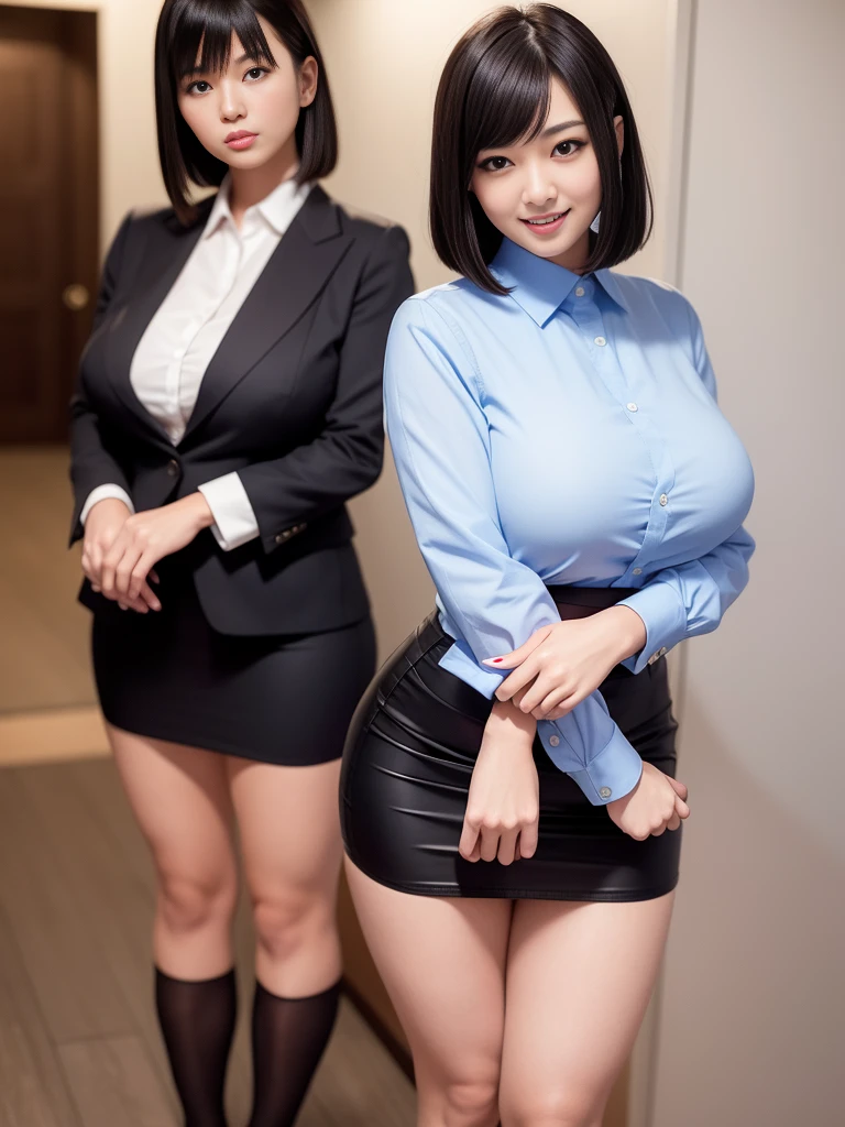 Smiling Japan beauty wearing business shirt and tight skirt,Full-body figure,tthin eyebrows,A dark-haired,bob cut  hair,Bangs are bangs,Huge breasts,meaty legs,I can see a little cleavage, 16k, realistic, japanese idol