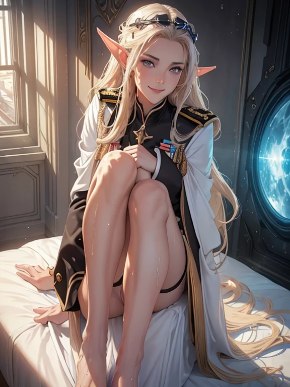 masterpiece, Highest quality, Highly detailed CG Unity 8k wallpaper,((whole body)), ((Bedroom inside the spaceship)), (Long pointed ears), Elegant long wavy platinum blonde hair, ((Average chest, Self-illuminating skin)), ((A revealing black-on-white military uniform)), ((Lie on your back, With legs apart, Genitals are visible)), (Sweaty and wet white skin), (Mechanical Circlet), (blush), , (Captivating smile), A very beautiful, symmetrical face, Detailed eyes, Key Art, Awards, intricate detail realism hdr, Photorealism, Hyperrealism, Ultra-realistic, Dramatic Light, Strong Shadows, Nice views, Depth of written boundary