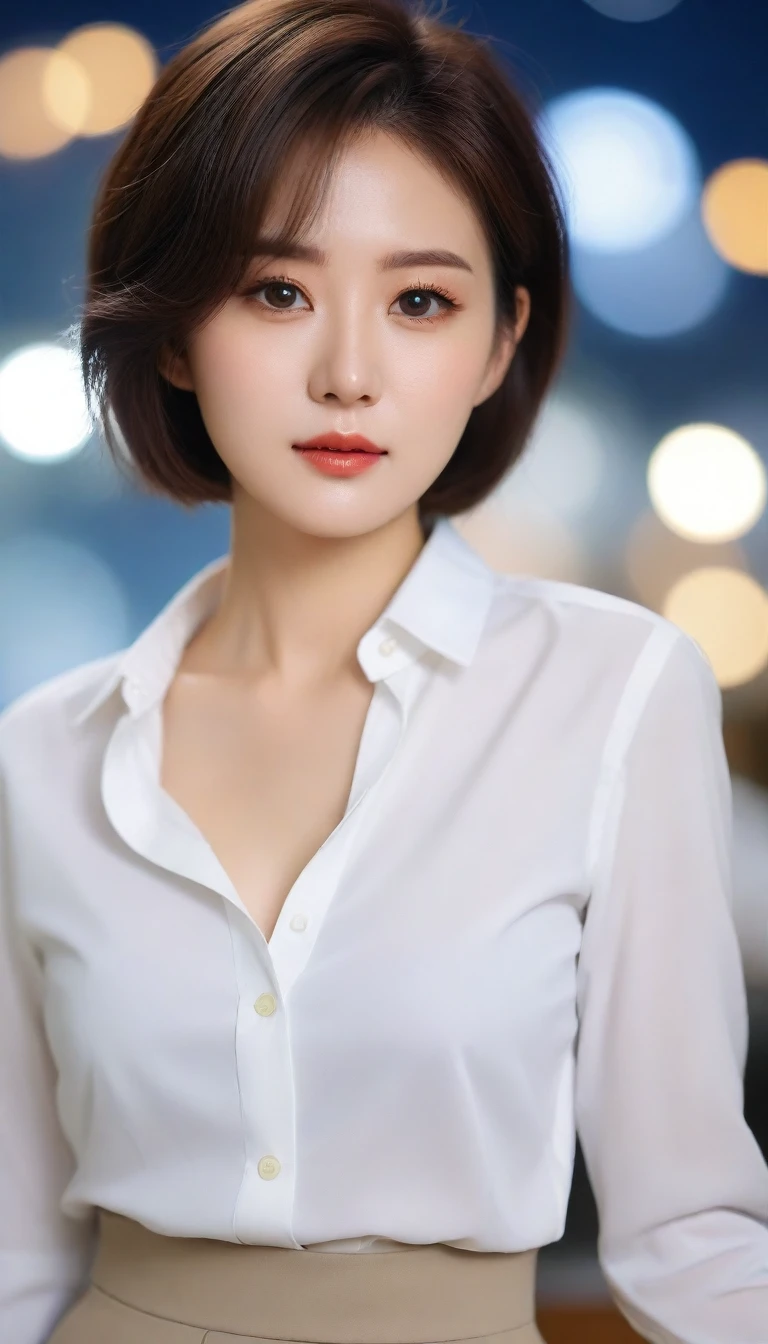 Close up of beautiful Korean woman, Short hair, Chest size 34 inches, wear a long-sleeved shirt, skirt, in the office, bokeh background, night, Uh