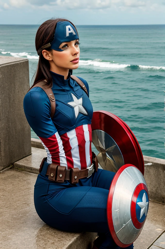 Captain America sitting near sea