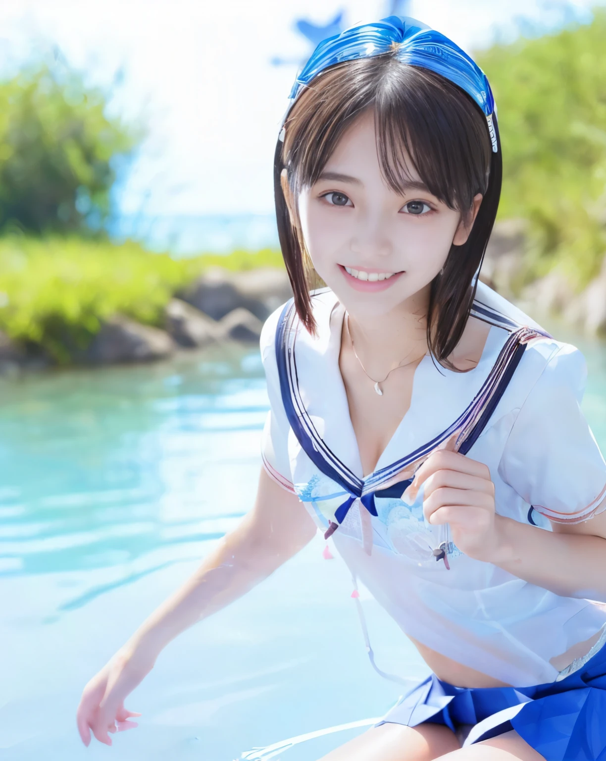 A young woman in a sailor suit is sitting in the water, Young and cute gravure idol, Young Gravure Idol, realistic Young Gravure Idol, Ayaka Cosplay, Young and sexy gravure idol, Young and skinny gravure idol, Also, Kantai Collection Style, Anime Girl Cosplay, Underwater, seifuku, sakimichan, shikamimi