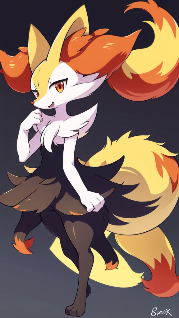 1girl, solo, looking at viewer, smile, open mouth, simple background, red eyes, white background, holding, animal ears, standing, tail, full body, fang, hand up, signature, flat chest, animal ear fluff, fox ears, pokemon (creature), fox tail, happy, fox girl, furry, skin fang, furry female, body fur, white fur, animal nose, snout, stick, yellow fur, black fur, holding stick, digitigrade, multicolored fur , braixen, 8K, masterpiece, beautiful