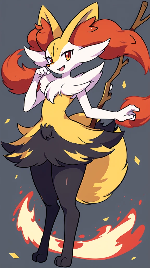 1girl, solo, looking at viewer, smile, open mouth, simple background, red eyes, white background, holding, animal ears, standing, tail, full body, fang, hand up, signature, flat chest, animal ear fluff, fox ears, pokemon (creature), fox tail, happy, fox girl, furry, skin fang, furry female, body fur, white fur, animal nose, snout, stick, yellow fur, black fur, holding stick, digitigrade, multicolored fur , braixen, 8K, masterpiece, beautiful