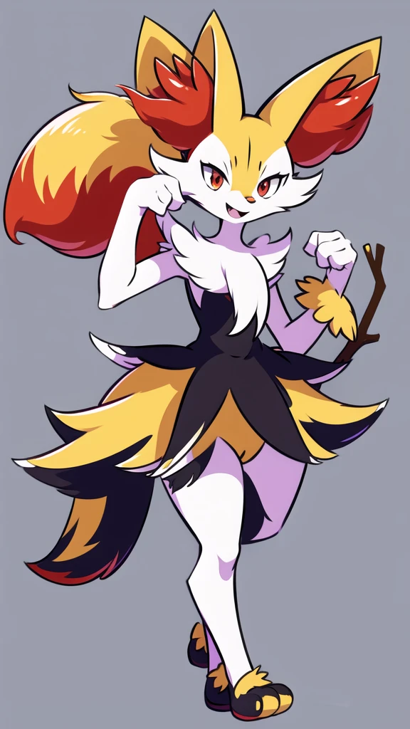 1girl, solo, looking at viewer, smile, open mouth, simple background, red eyes, white background, holding, animal ears, standing, tail, full body, fang, hand up, signature, flat chest, animal ear fluff, fox ears, pokemon (creature), fox tail, happy, fox girl, furry, skin fang, furry female, body fur, white fur, animal nose, snout, stick, yellow fur, black fur, holding stick, digitigrade, multicolored fur , braixen, 8K, masterpiece, beautiful
