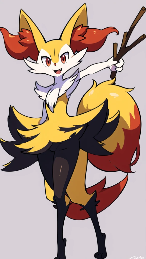 1girl, solo, looking at viewer, smile, open mouth, simple background, red eyes, white background, holding, animal ears, standing, tail, full body, fang, hand up, signature, flat chest, animal ear fluff, fox ears, pokemon (creature), fox tail, happy, fox girl, furry, skin fang, furry female, body fur, white fur, animal nose, snout, stick, yellow fur, black fur, holding stick, digitigrade, multicolored fur , braixen, 8K, masterpiece, beautiful