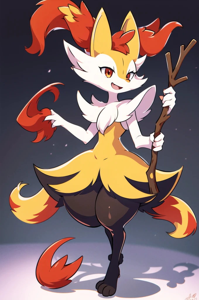 1girl, solo, looking at viewer, smile, open mouth, simple background, red eyes, white background, holding, animal ears, standing, tail, full body, fang, hand up, signature, flat chest, animal ear fluff, fox ears, pokemon (creature), fox tail, happy, fox girl, furry, skin fang, furry female, body fur, white fur, animal nose, snout, stick, yellow fur, black fur, holding stick, digitigrade, multicolored fur , braixen, 8K, masterpiece, beautiful