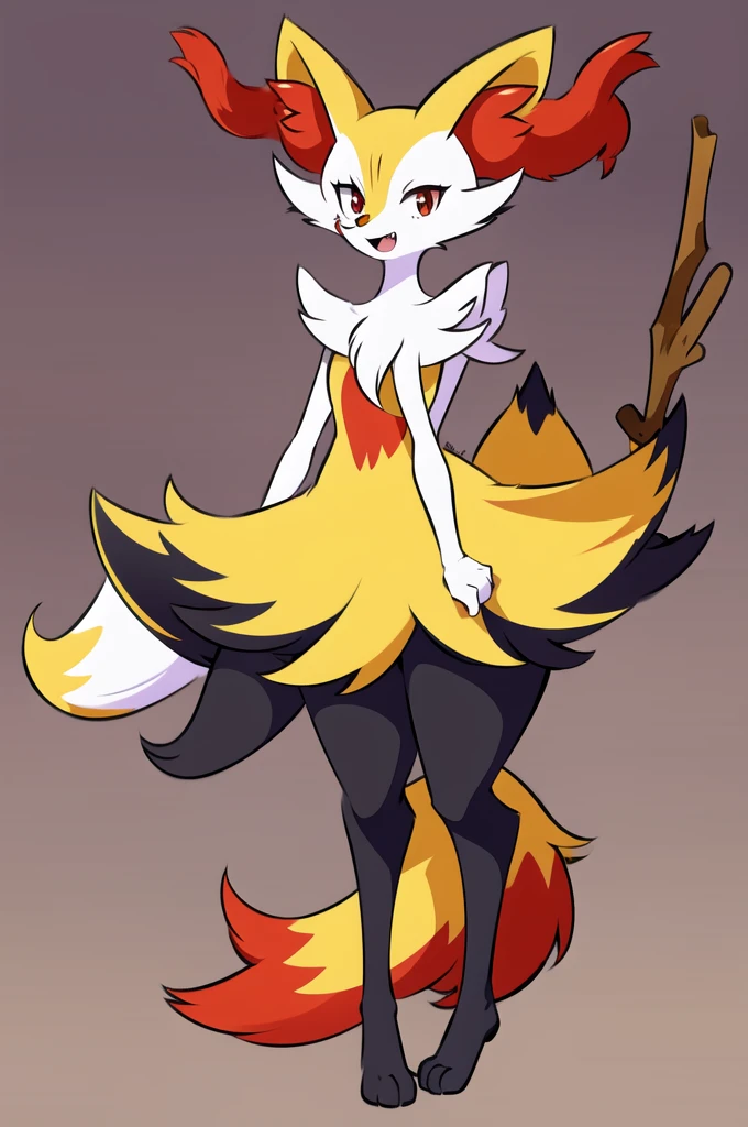 1girl, solo, looking at viewer, smile, open mouth, simple background, red eyes, white background, holding, animal ears, standing, tail, full body, fang, hand up, signature, flat chest, animal ear fluff, fox ears, pokemon (creature), fox tail, happy, fox girl, furry, skin fang, furry female, body fur, white fur, animal nose, snout, stick, yellow fur, black fur, holding stick, digitigrade, multicolored fur , braixen, 8K, masterpiece, beautiful