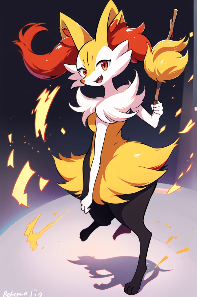 1girl, solo, looking at viewer, smile, open mouth, simple background, red eyes, white background, holding, animal ears, standing, tail, full body, fang, hand up, signature, flat chest, animal ear fluff, fox ears, pokemon (creature), fox tail, happy, fox girl, furry, skin fang, furry female, body fur, white fur, animal nose, snout, stick, yellow fur, black fur, holding stick, digitigrade, multicolored fur , braixen, 8K, masterpiece, beautiful