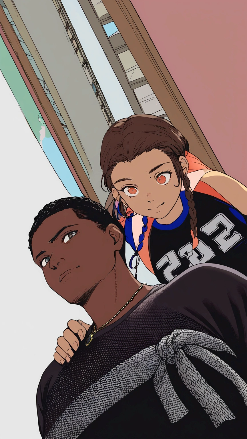 a boy and a girl together, They both have braids and are black skinned., background a forest, epic pic