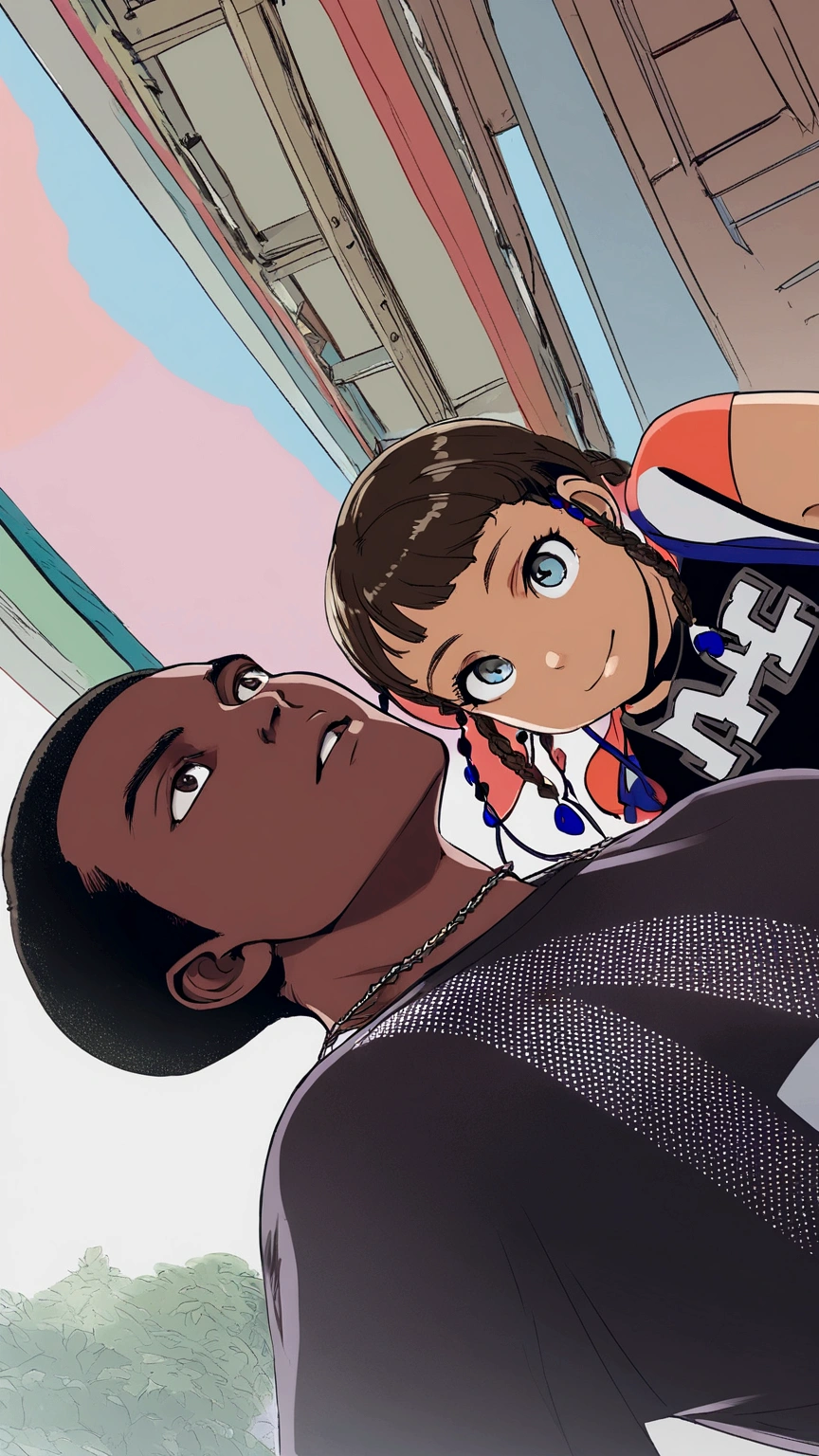 a boy and a girl together, They both have braids and are black skinned., background a forest, epic pic
