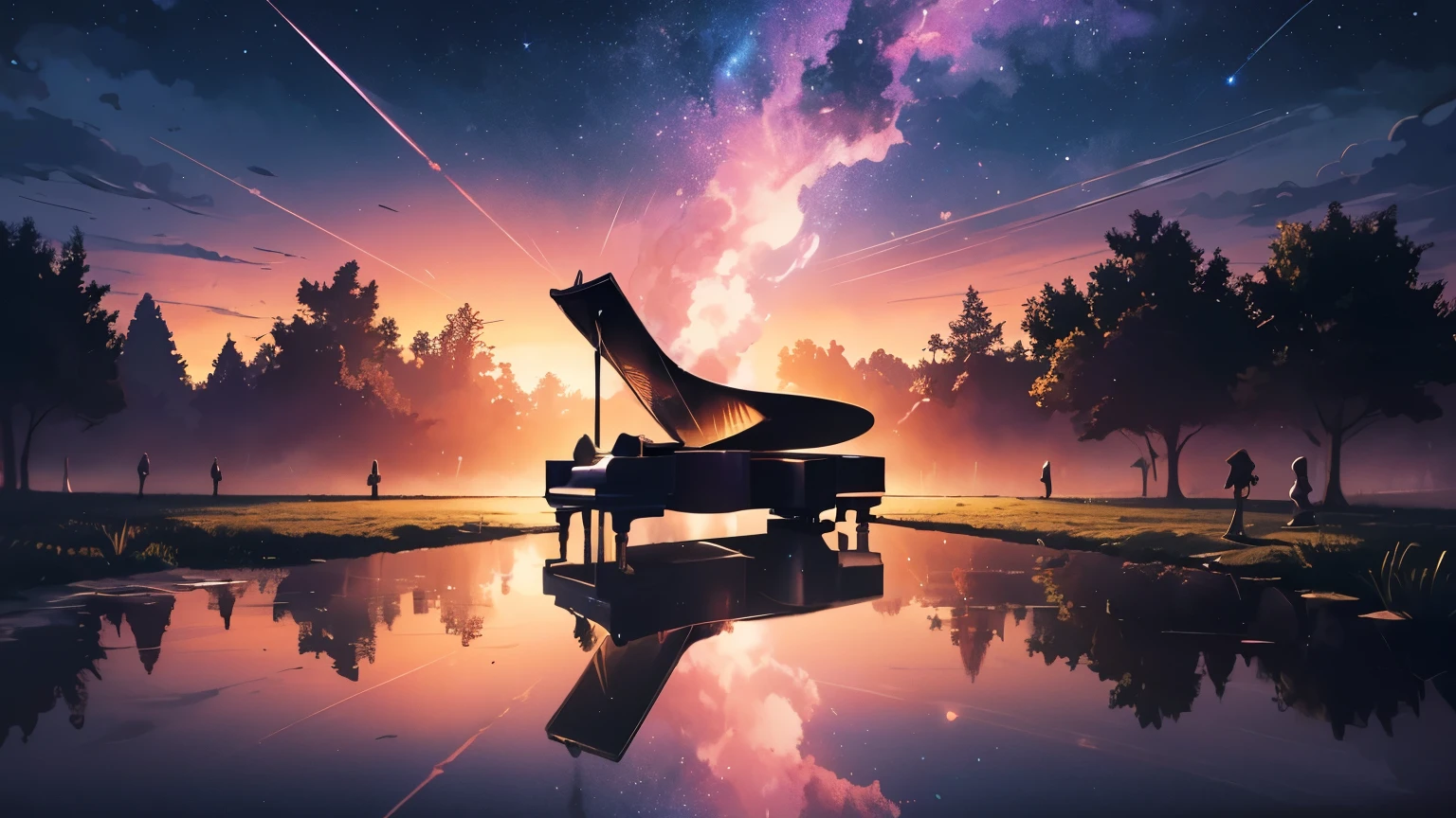 ((Highest quality)), ((masterpiece)), (detailed), (((Anime girl playing grand piano on water mirror、The piano roof is open))), Center of screen, evening, Gradient Sky,(horizon:1.1),(puddleに映る星空:1.4),(puddle:1.3), after the rain, Beautiful summer sky, Lo-Fi, Retro, flat, 2. 5D, Night Light, neon landscape, Beautiful colorful night sky, cast, Analog color theme, Fantasy, Line art, Ink drawing, Big ink lines, Gouache colors, Amazingly colorful, Out turn, Synthwave, Lo-Fiアート, 90s wind, amplitude, 90s vibe, Masterpiece, Huge skills、 masterpiece, Starry sky in the background, A huge amount of skills, Delicate face, Dreamy digital painting, Space Sky, Endless universe in the background, Get lost in a dreamy fairylandscape, Dreamy atmosphere, Serene atmosphere, (((Beautiful delicate anime face)))