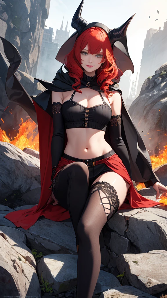 (high quality, ​masterpiece, Detailed), fire city Detailed scenario, fire city Detailed background, alone, Red hair, madelynepri, 1 Frau, black cape, black crop top, lederhosen, sleeve, navel, perfect face, evil smile, sit on a rock, beautiful eyes, look at the viewer, sexy Pose