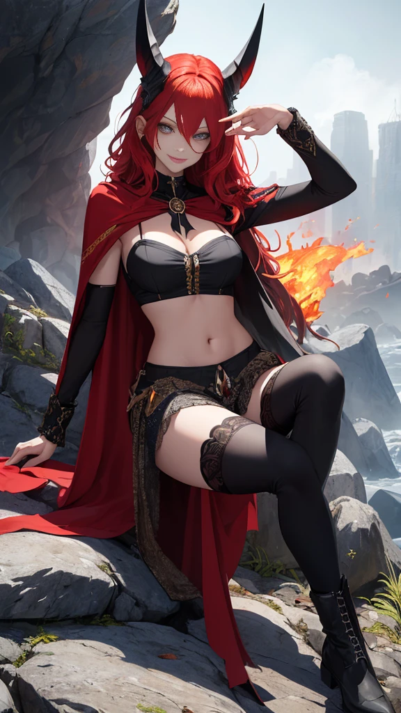 (high quality, ​masterpiece, Detailed), fire city Detailed scenario, fire city Detailed background, alone, Red hair, madelynepri, 1 Frau, black cape, black crop top, lederhosen, sleeve, navel, perfect face, evil smile, sit on a rock, beautiful eyes, look at the viewer, sexy Pose