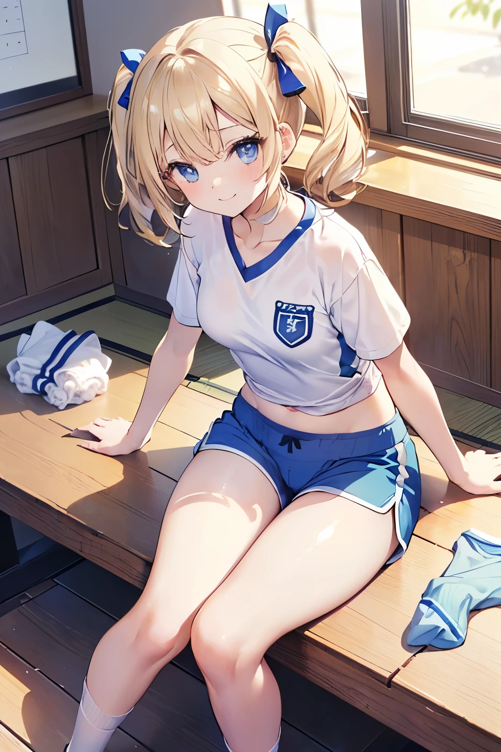 Blonde、Blue Eyes、girl、Small breasts、Twin tails、girl、Small breasts、A cheerful smile、Looks about 、Petan Musume、He is short、gym、【prompt】

BREAK (Japanese school old style sportswear:1.3), ((soft cotton material, non-shiny material):1.3), (oversized soft cotton short sleeve white tunic with U-neck:1.4), (blue lines on tops outline:1.3), ((Slim fit, closed-fitting) (deep-blue panties shorts, soft cotton deep-blue competition micro shorts, soft cotton deep-blue bloomers):1.3), ((groin, upper thigh skin):1.3), (white socks:1.3), (sports shoes:1.2),