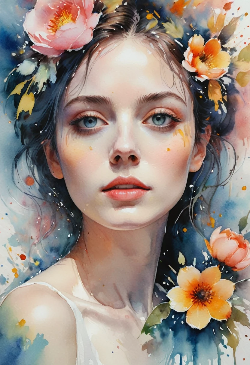 ((Masterpiece in maximum 16K resolution):1.6), ((intricate detail):1.4), ((extremely insane detail):1.4),((highest quality):1.3),((Soft colors 4k highly detailed digital art):1.3). | (((watercolor:1.5))), ((watercolor painting):1.4), ((a painting of woman by Agnes Cecile):1.3), ((Flowers):1.4), ((luminious design):1.3), ((autumn lights):1.1), Gouache with intricate details, pastel color, ink drips, Detailed brushstrokes have been enhanced, Careful brushwork creates an atmosphere, Utilize delicate yet powerful brushstroke techniques, Create an enchanting atmosphere. highly detailed gouache, ((Unparalleled sharpness and clarity):1.1), ((Radiosity rendered in stunning 32K resolution):1.3), All captured with sharp focus.