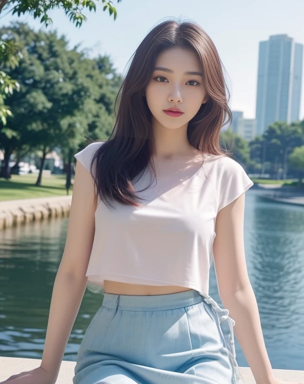 Araffe woman, beautiful,ponytail, long hairลอยปลิวขึ้น,black eyes, ผู้หญิงlong hairชาวเอเชียตะวันออกเฉียงใต้ที่มีใบหน้ากลม, Large chest measures 38 inches., Warm light, morning sun, long hair,black eyes,abdominal muscles, The body is beautiful and strong., rounded chest, (digital painting, HDR, high contrast), 3-D, 8K, 45,000,000 pixcls,Asian girl, Gorgeous Chinese model, Japanese model, beautiful asian woman, Japanese goddess, Very beautiful girl., beautiful young woman, very beautiful woman, Attractive and beautiful, sexy girl, Asian girl, beautiful female model, jaw-dropping beauty, Attractive face and body
