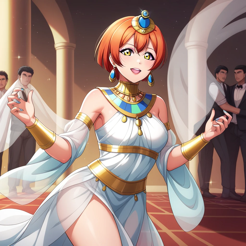 Masterpiece, sksrin, beautiful , facial details, 8k wallpaper, Rin Hoshizora Love Live, short hair, white see through dress, Egypt queen,tiara,in Egypt ,(lipstick:0.8), (makeup:0.8),Fascinated by her beauty, looking at her own body , multiple boys