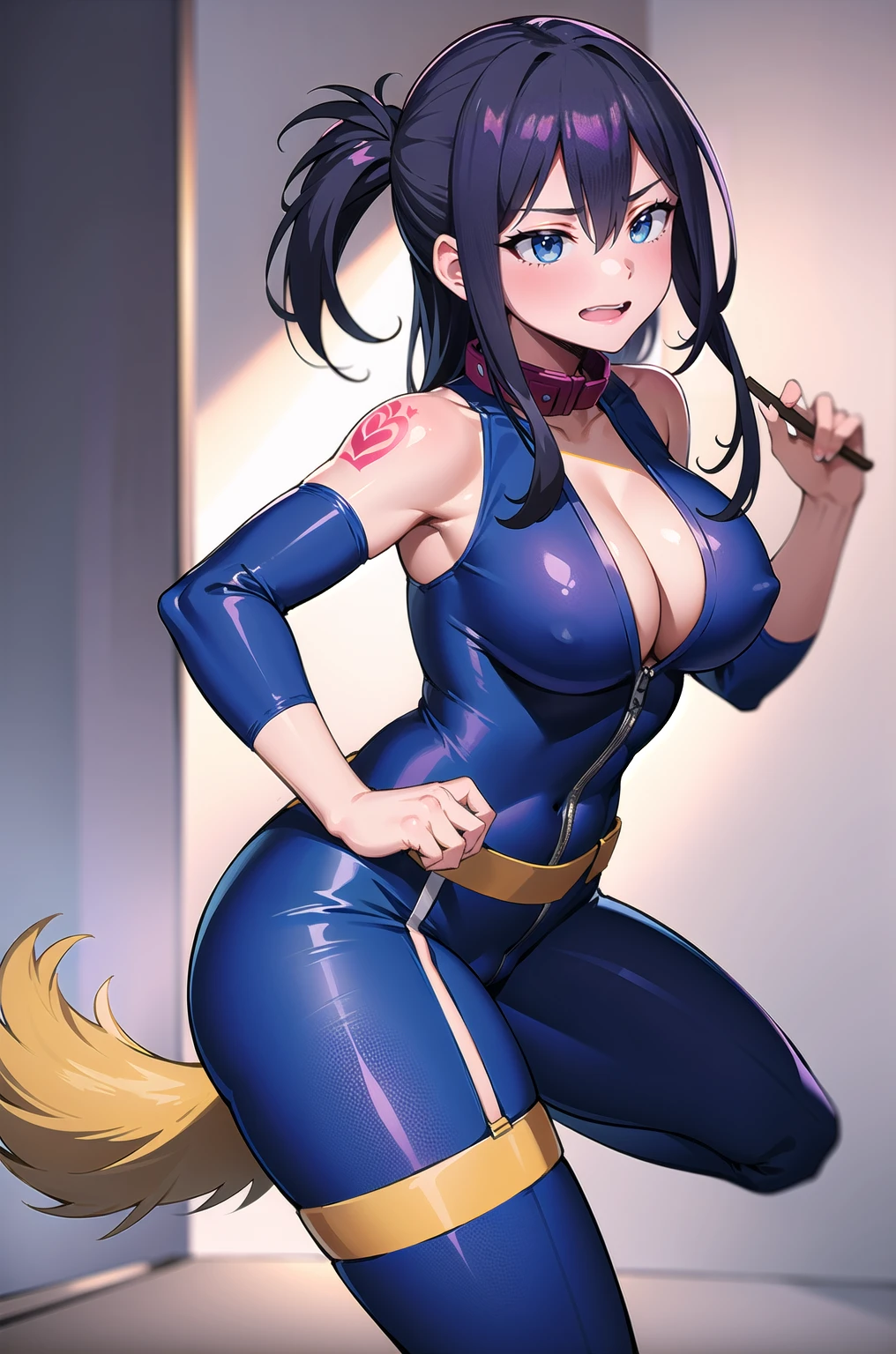 (masterpiece, best quality:1.4), cinematic light, colorful, high contrast, (1girl), NanaShimura, boku no hero academia, black hair, long hair, [folded ponytail:0.5], (large breasts), blue eyes, sleeveless, Naughty bodysuit, hair between eyes, garter belt, lewd face, wearing a dog collar, Naughty tattoo on the belly ,stick out one's tongue,nose blush, embarrassed