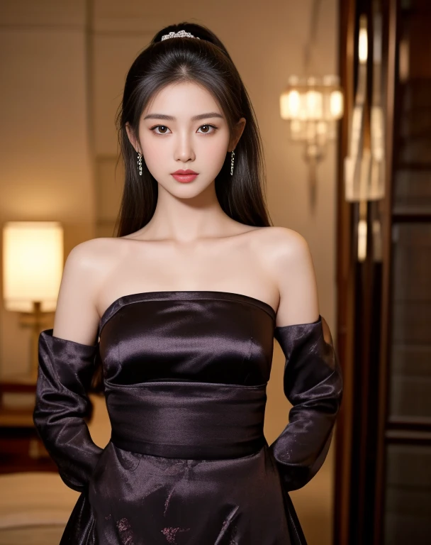 A stunning masterpiece unfolds under the starry night sky, as a beautiful young woman poses by the serene riverbank. Her raven-black hair is swept back, revealing a radiant complexion and a necklace that glimmers in the soft city lights. A delicate earring adorns her ear, while a dark-purple one-shoulder dress hugs her curves, creating a breathtakingly realistic aesthetic. The camera captures her ethereal beauty in a tight portrait, emphasizing her features against the urban backdrop.
