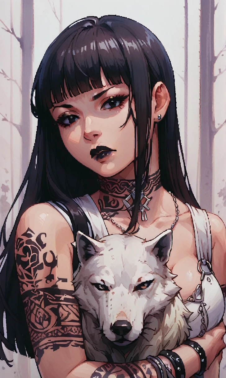 score_9, score_8_up, score_7_up, pixel art, 1girl, simplified background, Asian, mafia business outfit, , sunny, lovely, hime cut hair, scowl, black lips, black eyes, tattoos