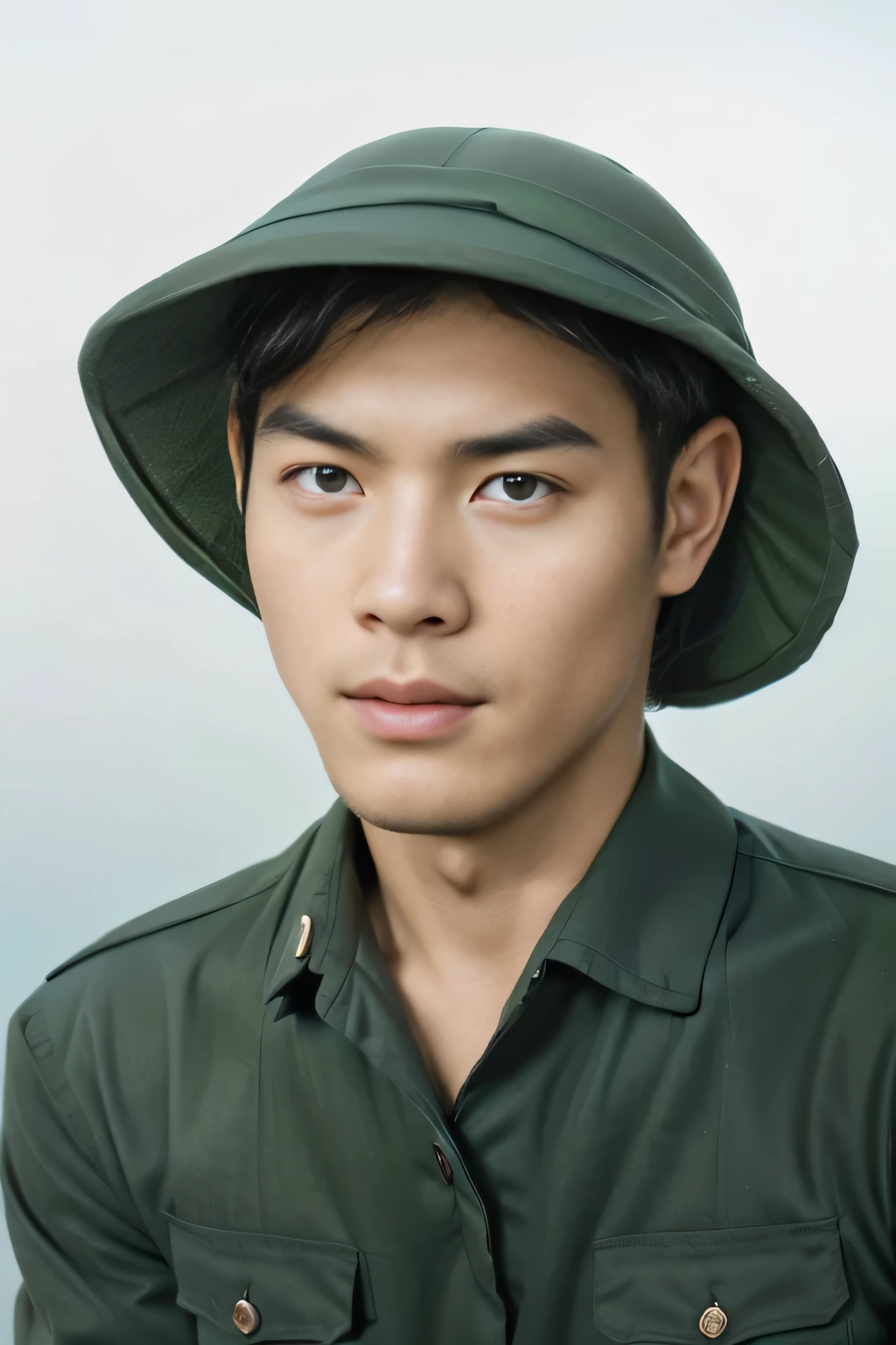 Highly realistic photo, ((masterpiece), (best quality), (raw photo), (photorealistic:1.4), A young Vietnamese soldier from 1954, ((black short hair)), wearing a green uniform, and a mucoi, ((light blue background)), photo taken by Sony A7IV
