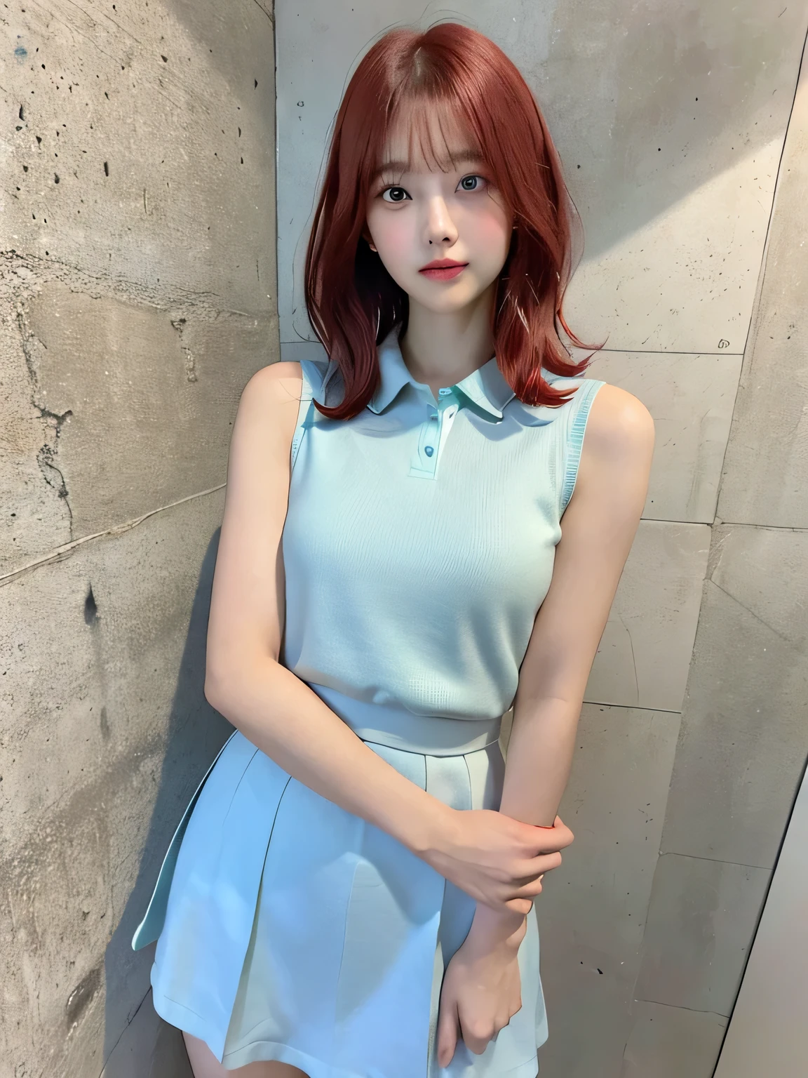One person、17 years old、Full body photo,slender、woman、White drool coming out of the mouth、smile、、Red Hair、Short Bob、 Fair skin, messy hair, super cute、Soft and Face、8K resolution、Surreal、Ultra high definition、 A-cup small breasts（（Highest resolution、8K、masterpiece：1.3））、Ultra-fine face、Ultra Fine Lips、Beautiful Eyes、double eyelid,Light blue wall、Sleeveless green polo shirt、White Skirt、Thighs、thin,Thighsが見える、Shapely small breasts、sexy、So cute!