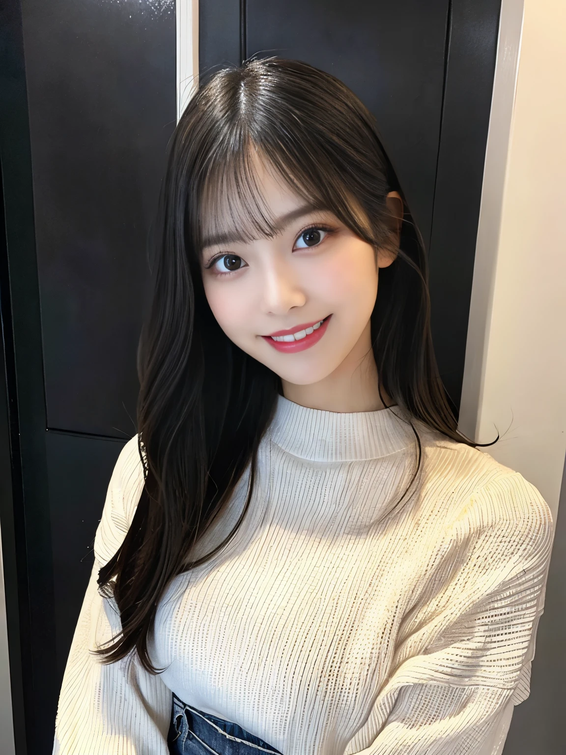 photo realistic, beautiful supermodel, long eyelashes, beautiful detailed eyes, happy grin, white long sleeve sweater, high-waist jeans, best quality, complex details, photorealistic,21 years old Japanese girl,cute face,black hair,medium hair,((in door)),Dark Lighting,natural make-up,perfect face