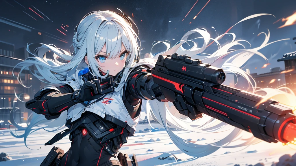 A cyborg girl is fighting in a snowy field, firing a railgun.