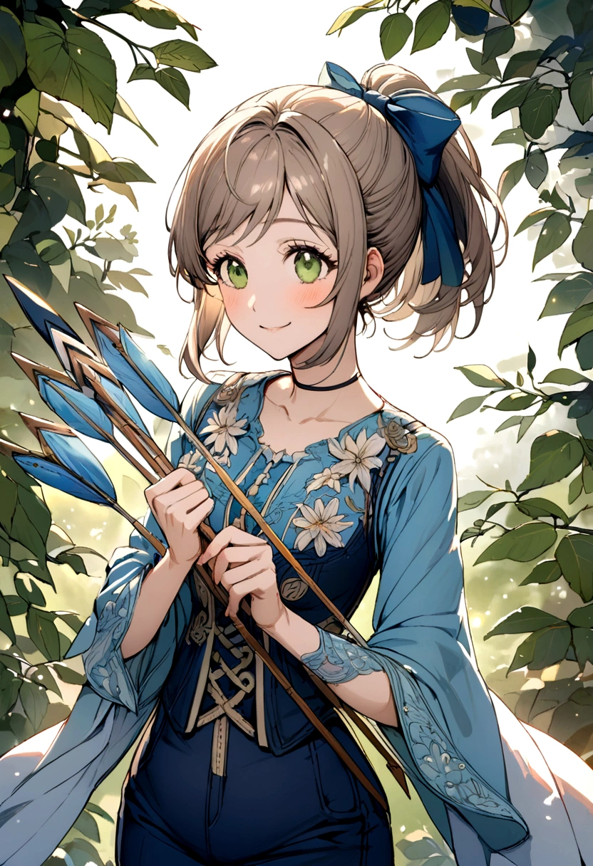 beautiful tall archer mom with blue ponytail hair, green eyes, blue shirt, dark blue shorts, happy, with a bow and arrows in her hands