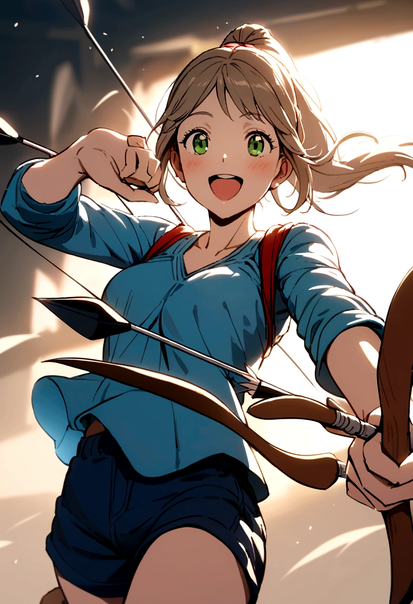 beautiful tall archer mom with blue ponytail hair, green eyes, blue shirt, dark blue shorts, happy, with a bow and arrows in her hands