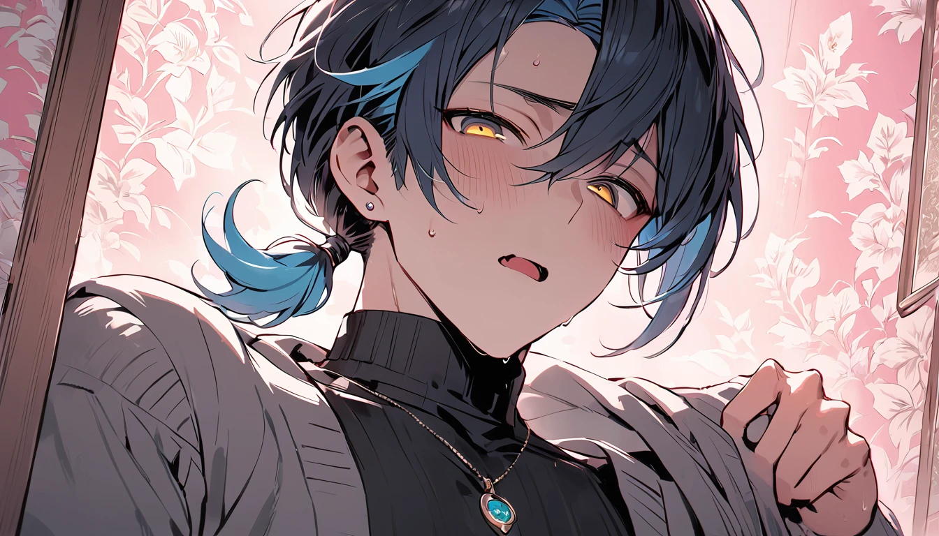 ((((best masterpiece, best quality, wallpaper,)))) solo, guy, male body, small muscles, flat chest, 1male, 30 years old, handsome man, dramatic angle, upper body, looking at viewers, beautiful detailed, mediumturquoise hair, ((((Lower short ponytail)))), asymmetrical bangs, ((short hair,)) blush stickers, sweat, (((perfect face, extremely detailed eyes,))) ((( jitome, gold eyes, ^o^, tareme, droopy eyes,))) perfect hands, sharp nose, clear face, black turtleneck, grey cardigan, ((silver piercing, pendant,)) leggings, pink background color ultrasharp, 8K, masterpiece,