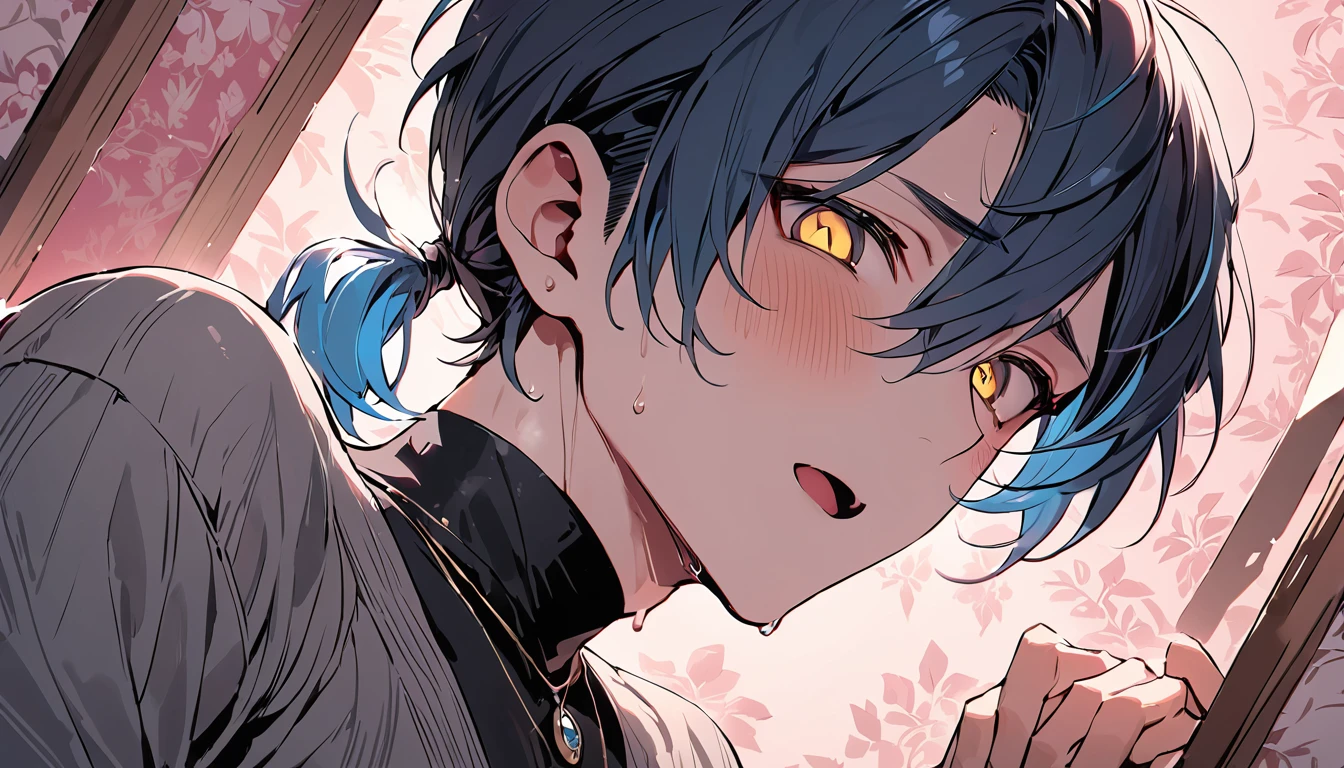 ((((best masterpiece, best quality, wallpaper,)))) solo, guy, male body, small muscles, flat chest, 1male, 30 years old, handsome man, dramatic angle, upper body, looking at viewers, beautiful detailed, mediumturquoise hair, ((((Lower short ponytail)))), asymmetrical bangs, ((short hair,)) blush stickers, sweat, (((perfect face, extremely detailed eyes,))) ((( jitome, gold eyes, ^o^, tareme, droopy eyes,))) perfect hands, sharp nose, clear face, black turtleneck, grey cardigan, ((silver piercing, pendant,)) leggings, pink background color ultrasharp, 8K, masterpiece,