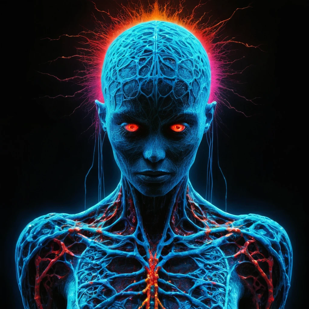 zdzislaw beksinski, (Infrared:1.2), ultra detailed, intricate, oil on canvas, Beautiful cyborg robot WOMAN ((realistic, ultra sharp)), beksinski style painting, CYBERPUNK GOTHIC ESTHETIC, satanic cross, full body in frame, centered body, realistic, dynamic pose, perfect face, perfect eyes, sharp focus, rainbow bloody veins growing and intertwining out of the darkness, oozing thick neon rainbow blood, veins growing and pumping blood, nailed wire, Hypercube, sparks, lensflare, shattered universe