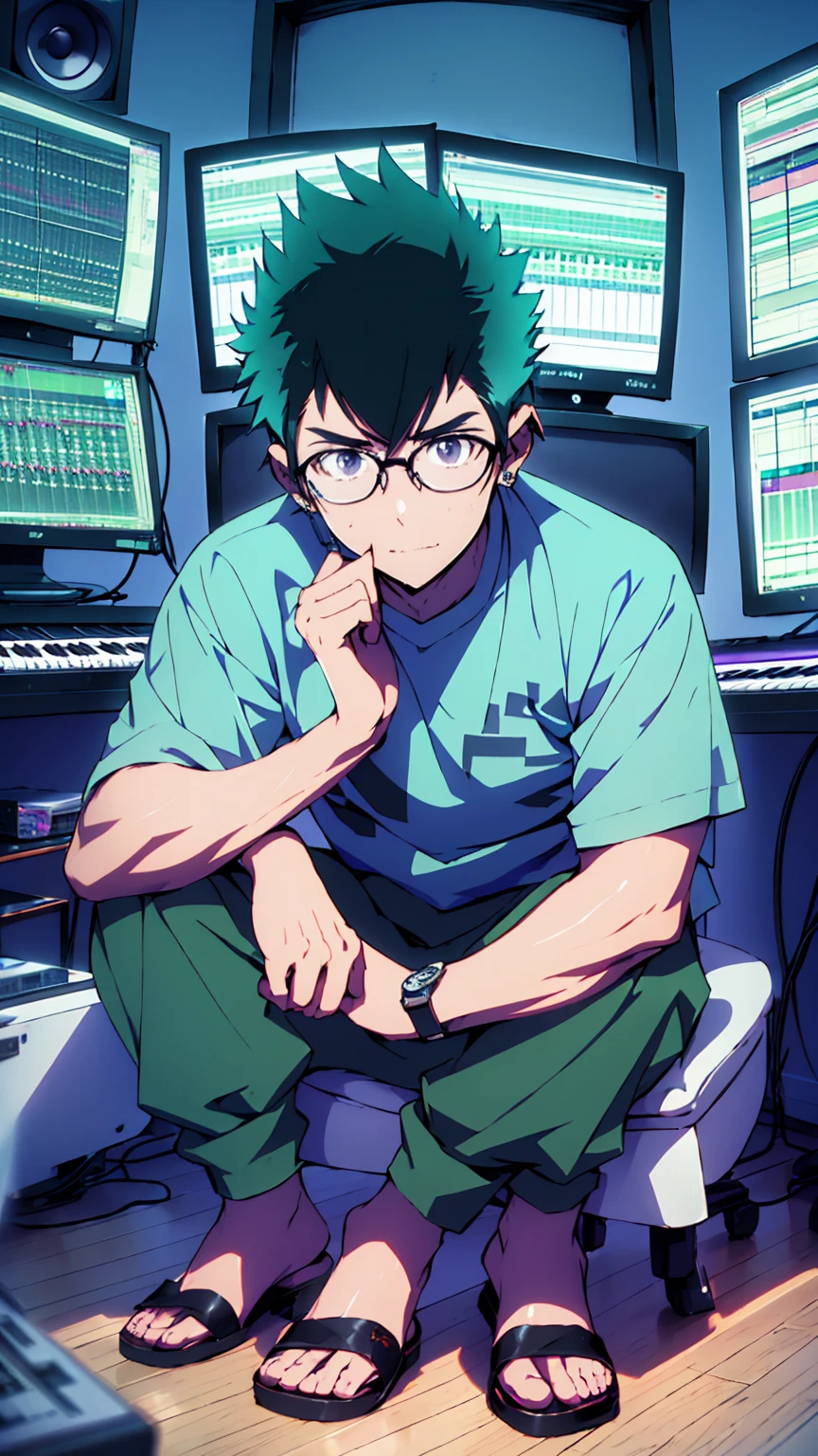 ((Highest quality)), ((masterpiece)), (detailed), Highest quality、High resolution、８K、Wearing a green shirt、Wearing black sandals、With two accurate hands５Finger、One adult male、33 years old、Dark Eyes、Black Hair、Japanese anime-like style、超High resolutionかわいい萌えアニメ8k、handsome face manly、Fake Hawk、 Slender and muscular、Glasses、Sitting in front of a computer in a music studio room analyzing a DAW