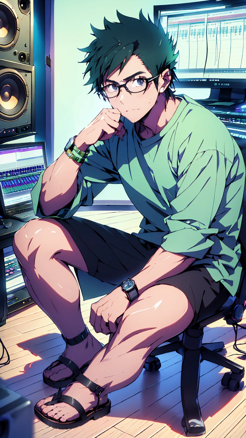 ((Highest quality)), ((masterpiece)), (detailed), Highest quality、High resolution、８K、Wearing a green shirt、Wearing black sandals、With two accurate hands５Finger、One adult male、33 years old、Dark Eyes、Black Hair、Japanese anime-like style、超High resolutionかわいい萌えアニメ8k、handsome face manly、Fake Hawk、 Slender and muscular、Glasses、Sitting in front of a computer in a music studio room analyzing a DAW